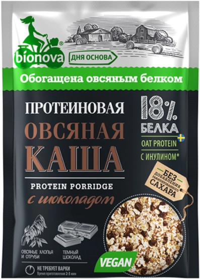 Каша Bionova без сахара овсяная шоколад протеин 40г