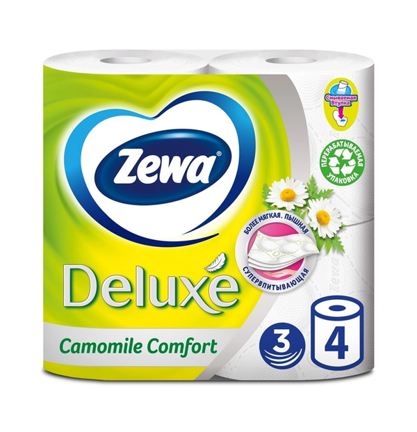 Туалетная бумага Zewa Deluxe Ромашка, 3 слоя, 4 рулона