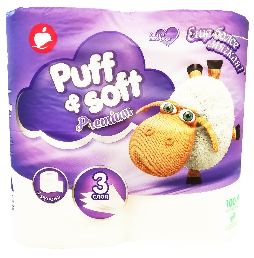 Бумага туалетная Puff&Soft Premium 3 слоя 4шт