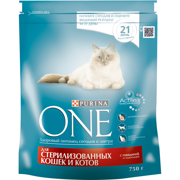 Сухой корм Purina ONE для стерилизованных кошек и котов с говядиной и пшеницей 750г