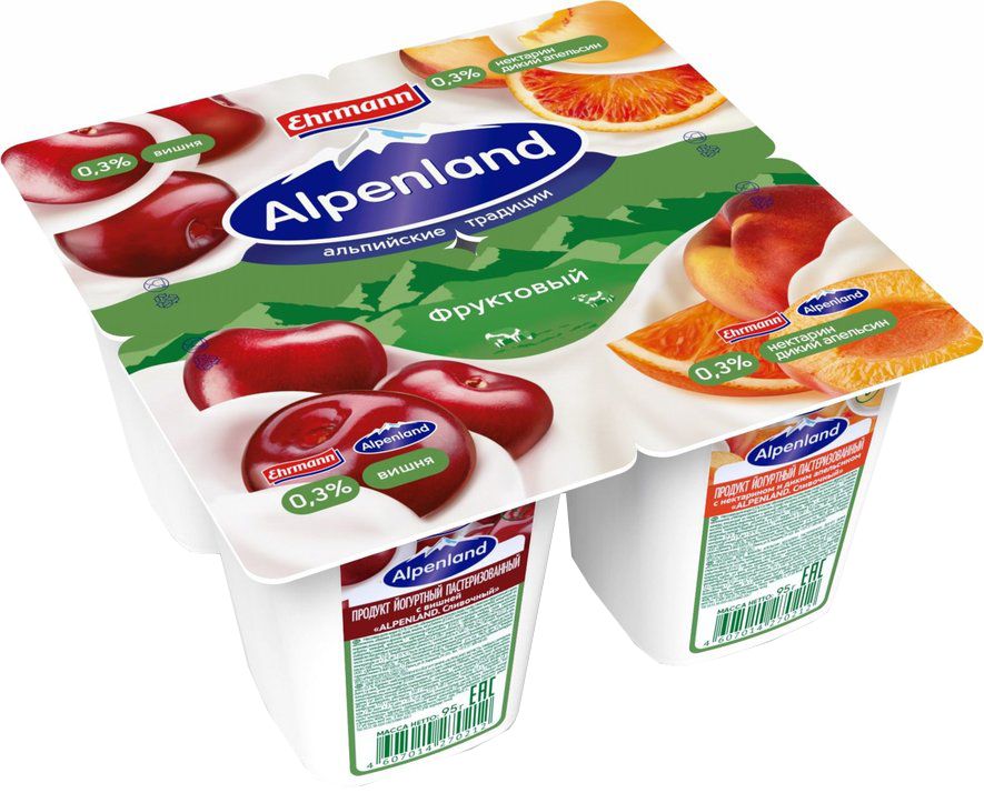 Йогуртный продукт Альпенленд 0,3% вишня/нектарин/апельсин 95г 