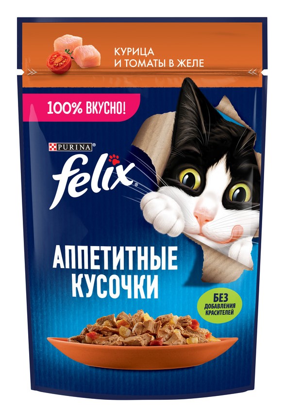 Felix Аппетитные кусочки пауч для кошек Курица и томат, 75 г
