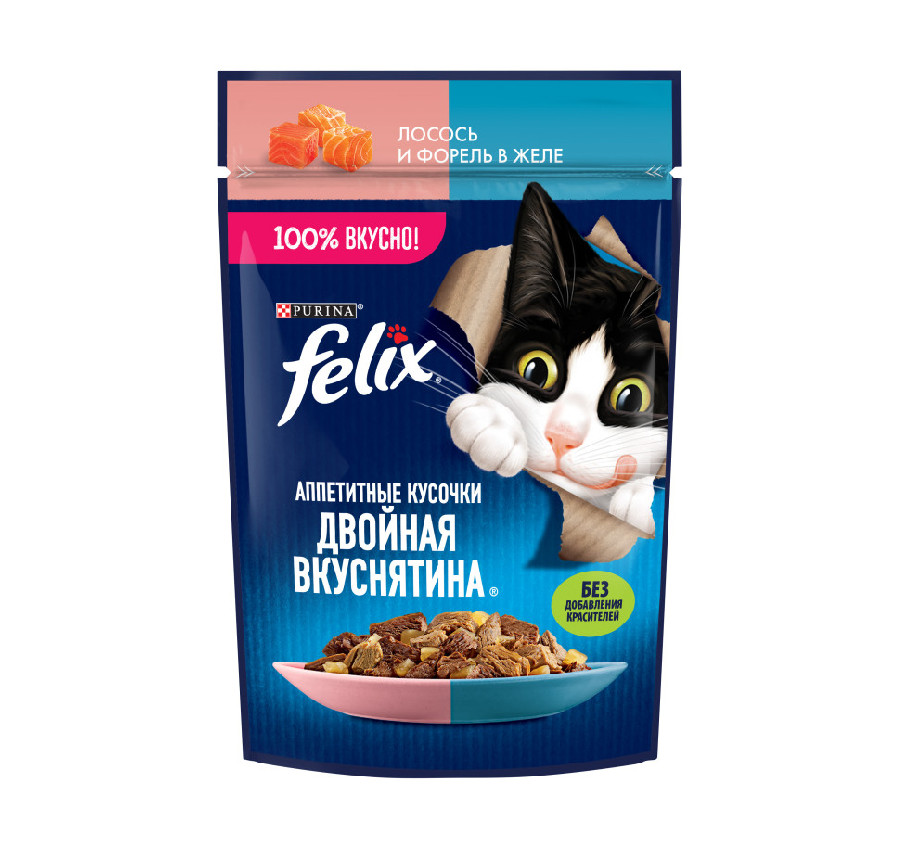 Felix "Аппетитные кусочки" Двойная вкуснятина влажный корм для взрослых кошек с лососем и форелью