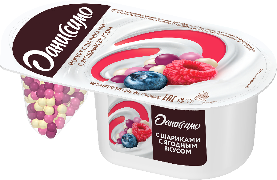 Йогурт Даниссимо Фантазия с хрустящими шариками с ягодным вкусом 105г