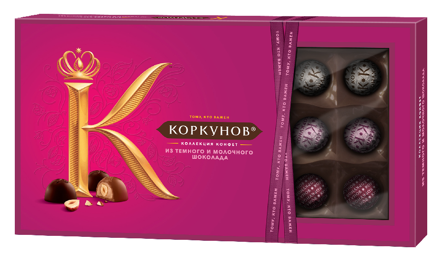 Коркунов шоколадные конфеты из темного и молочного шоколада с вафельной крошкой и орехами 192г