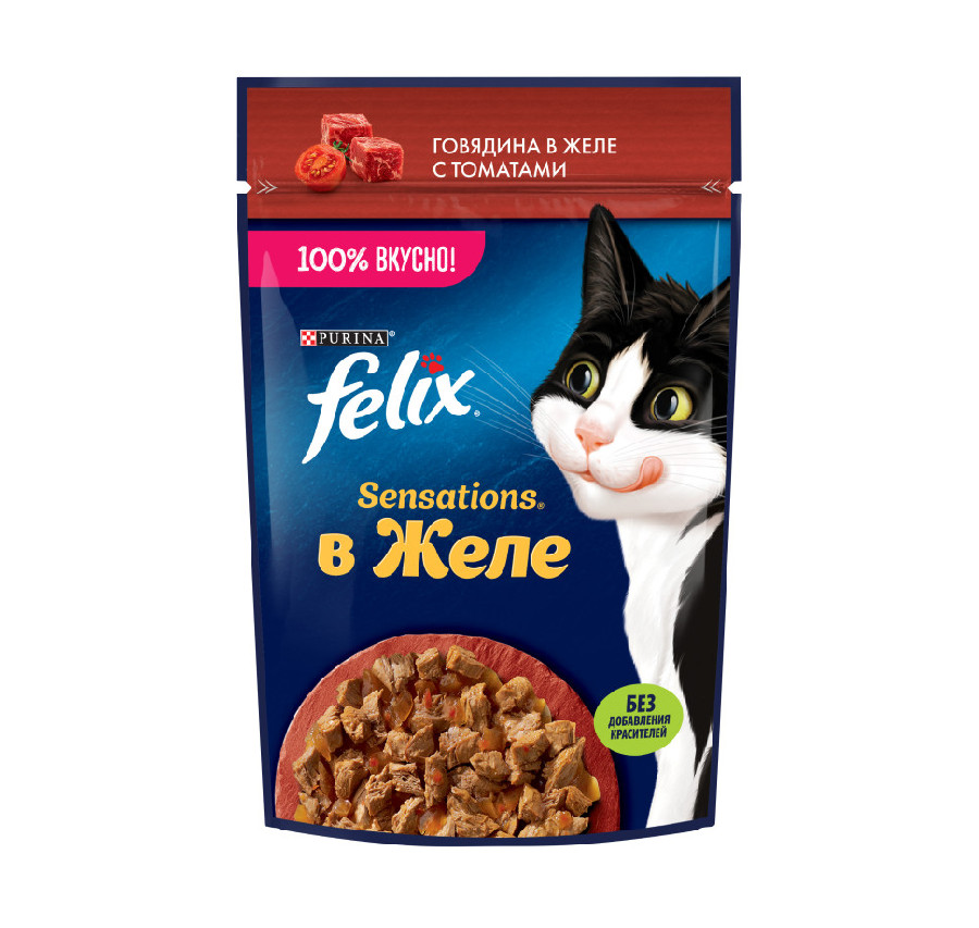 Felix Sensations влажный корм для кошек с говядиной и томатами в желе