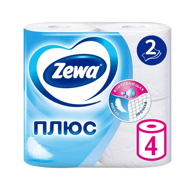 Туалетная бумага Zewa ПЛЮС белая (2 слоя) 4 штуки