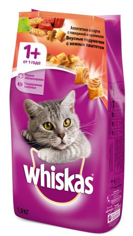 Сухой корм для кошек Whiskas Вкусные подушечки с говядиной и кроликом 1,9кг