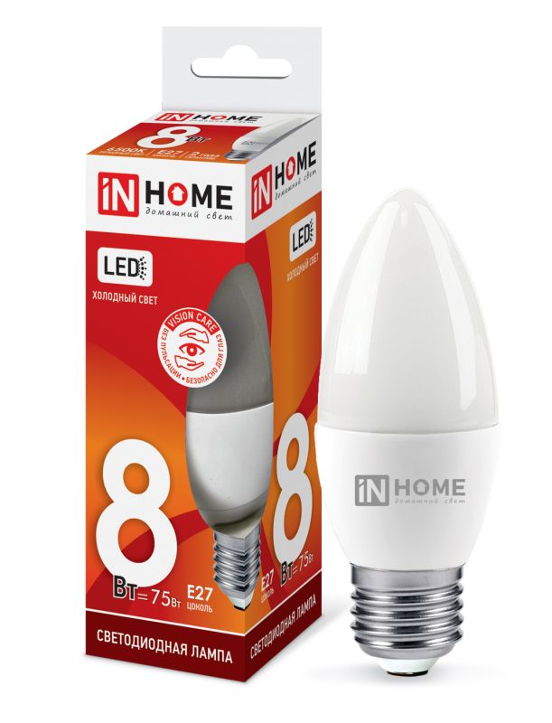 Лампа InHome светодиодная свеча 8Вт Е27 холодный свет