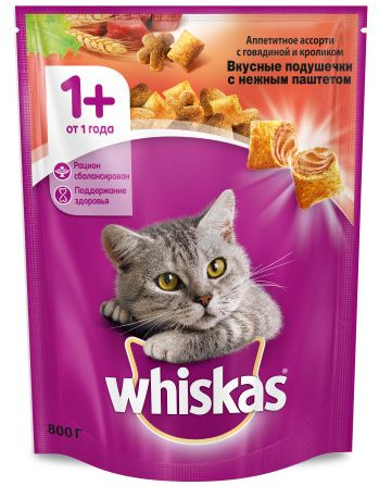 Сухой корм для кошек Whiskas Вкусные подушечки с говядиной и кроликом 800г