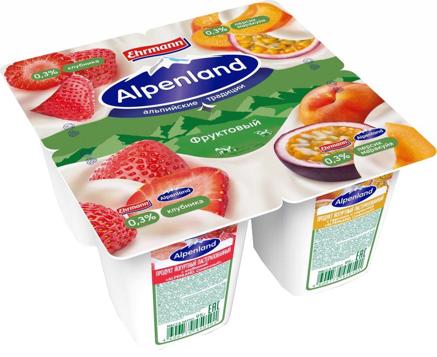 Йогуртный продукт Альпенленд 0,3% клубника/персик/маракуйя 95г 